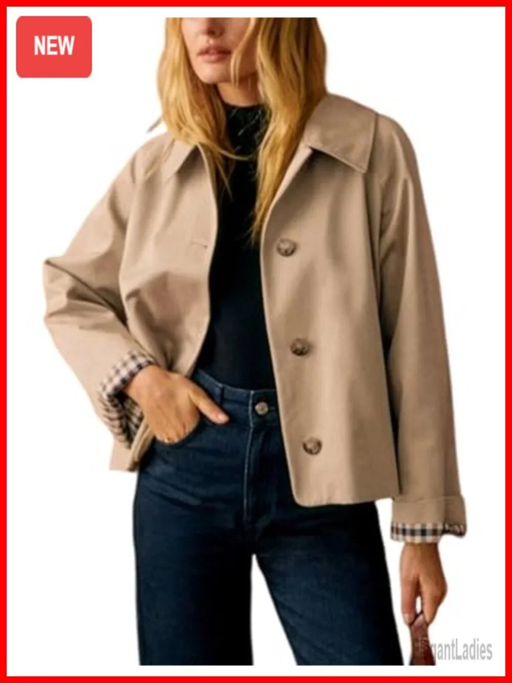 Women's Oversize Trench Coat Plaid Lining Lapel Button Down Casual Crop Jacket